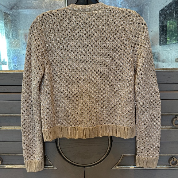 L'Agence Blanca Sequin Cardigan Beige/Gold Crochet Knit Size Extra Small - Picture 2 of 7